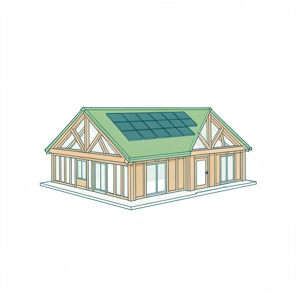 A minimal line drawing of a sustainable building with a green roof, solar panels, and timber framing, in soft greens and warm wood tones