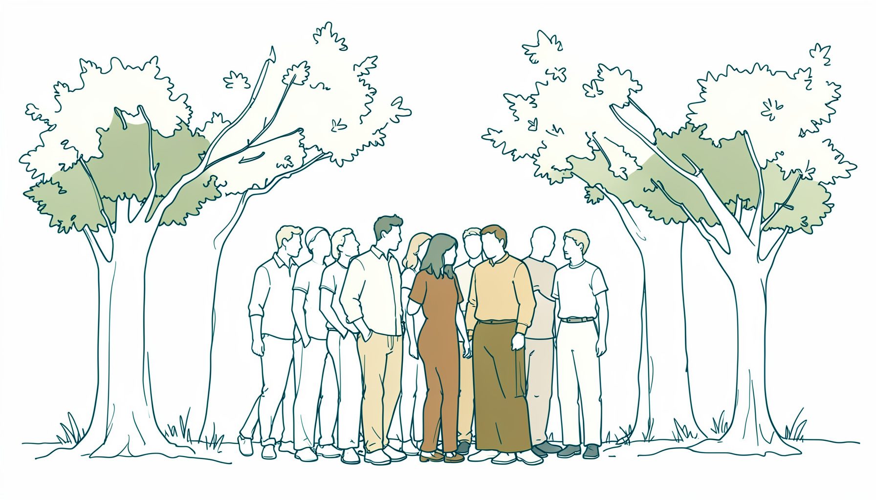 A minimal line drawing of a group of people standing together under trees, with warm earthy tones of green, ochre, and soft brown