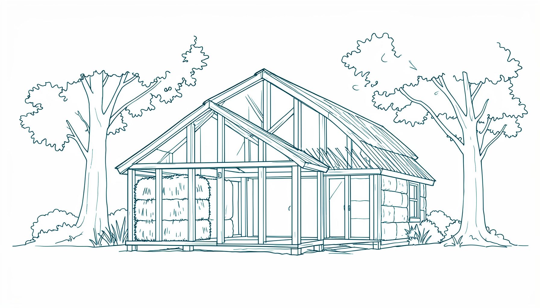 A simple line drawing of a natural building with timber frame and straw-bale walls, set among trees in soft earthy tones