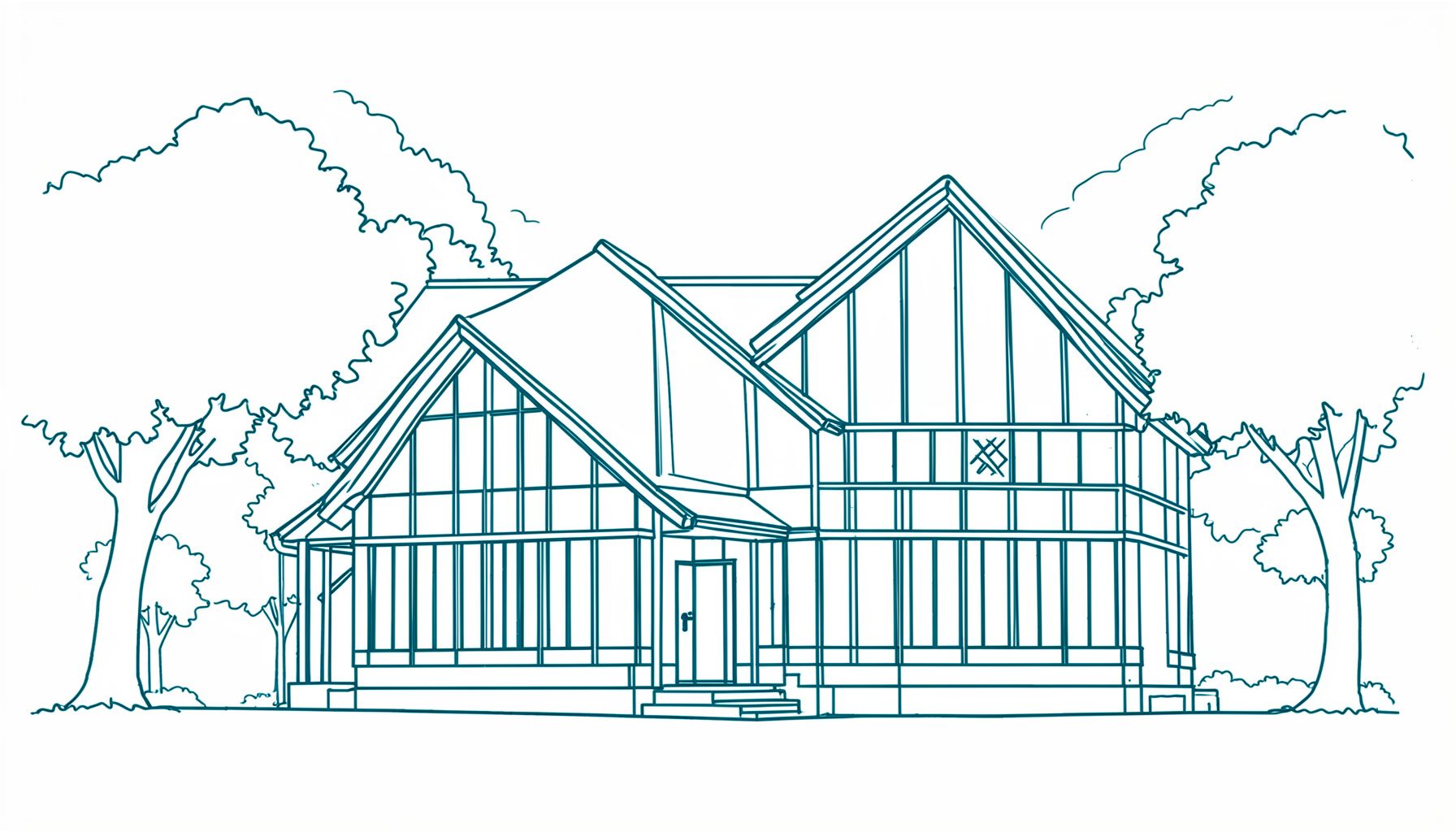 A simple line drawing of a traditional English village hall exterior with timber framing, set among trees, under a soft evening sky