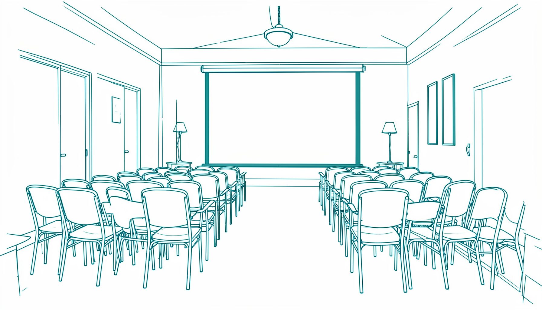 A simple line drawing of a village hall interior with rows of chairs facing a projection screen, warm lamplight, and a calm community atmosphere