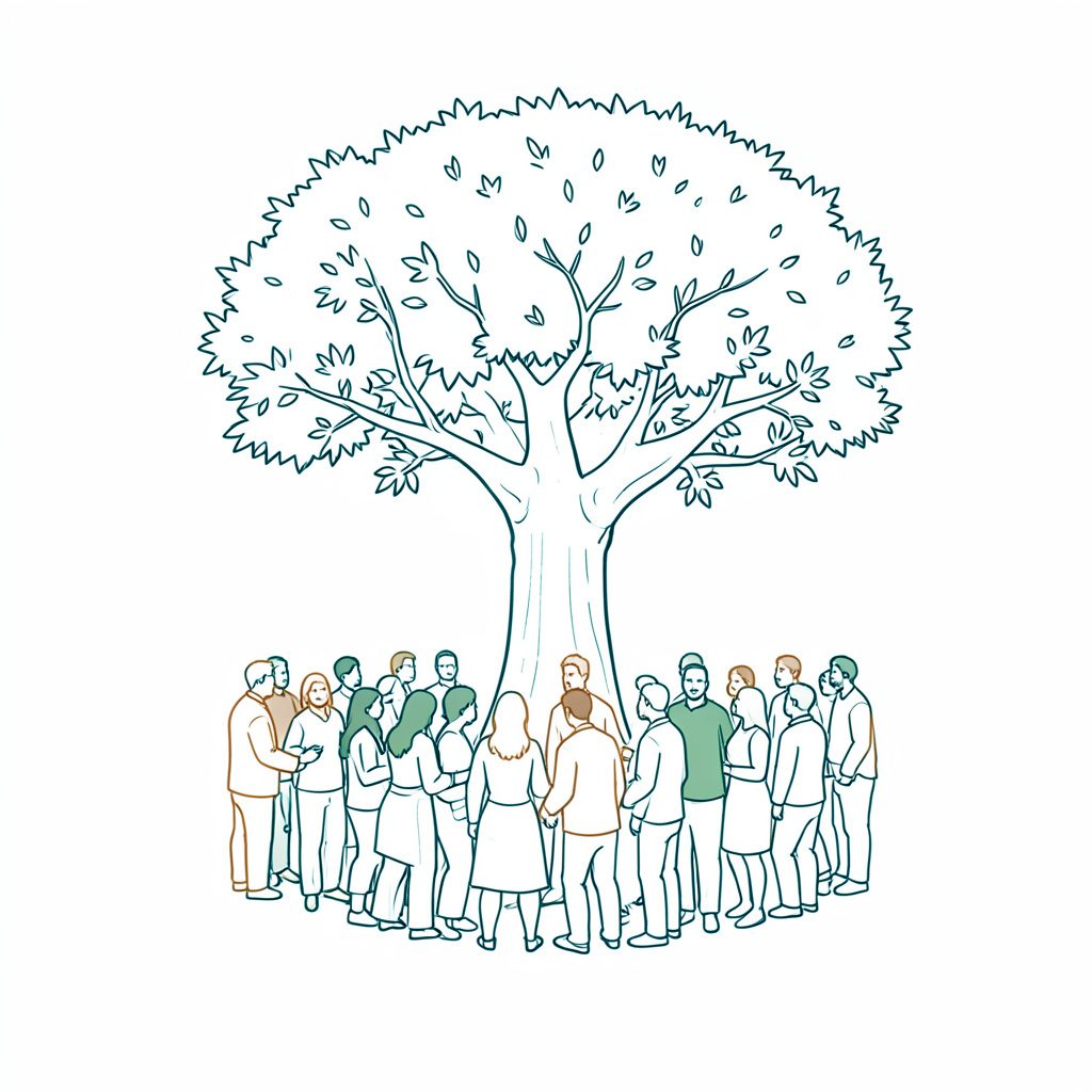 A simple line drawing of people gathered in a circle under a large tree, rendered in warm earthy browns and soft greens