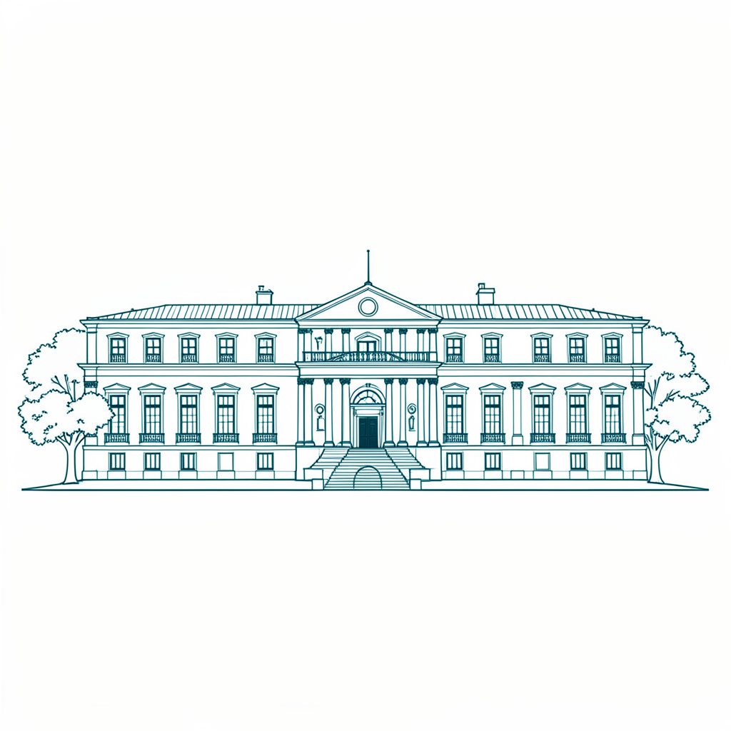 A simple line drawing of a modern eco-building with living green walls and timber structure, set against a soft cream background
